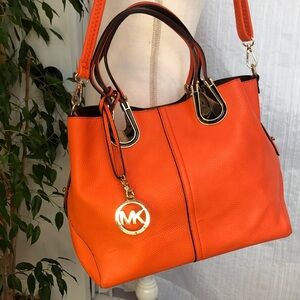 MICHAEL KORS bright orange pebbled leather satchel purse tote w/ crossbody strap